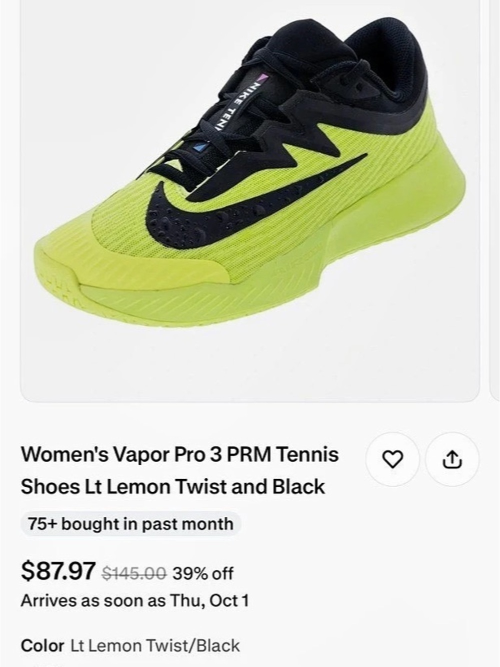 Nike Vapor Pro 3 PRM Tennis Shoes Green & Black US 8 Like New